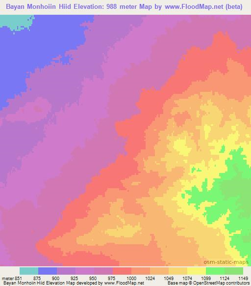 Bayan Monhoiin Hiid,Mongolia Elevation Map