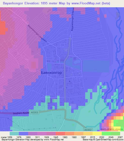 Bayanhongor,Mongolia Elevation Map