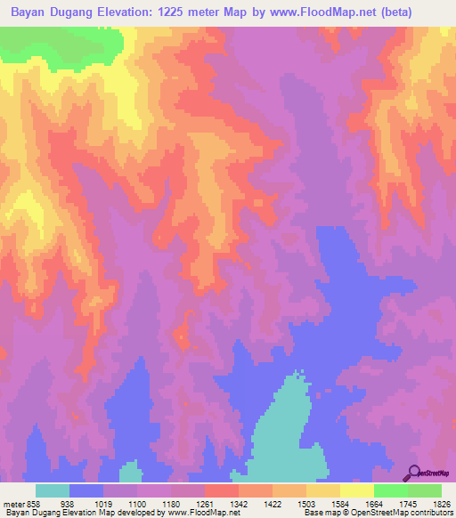 Bayan Dugang,Mongolia Elevation Map