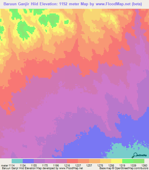 Baruun Ganjir Hiid,Mongolia Elevation Map