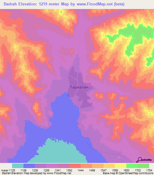 Badrah,Mongolia Elevation Map
