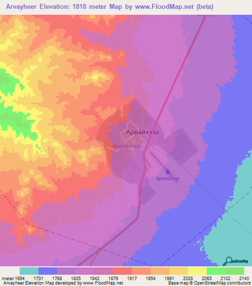 Arvayheer,Mongolia Elevation Map