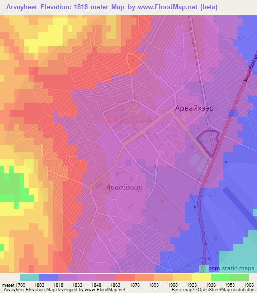Arvayheer,Mongolia Elevation Map
