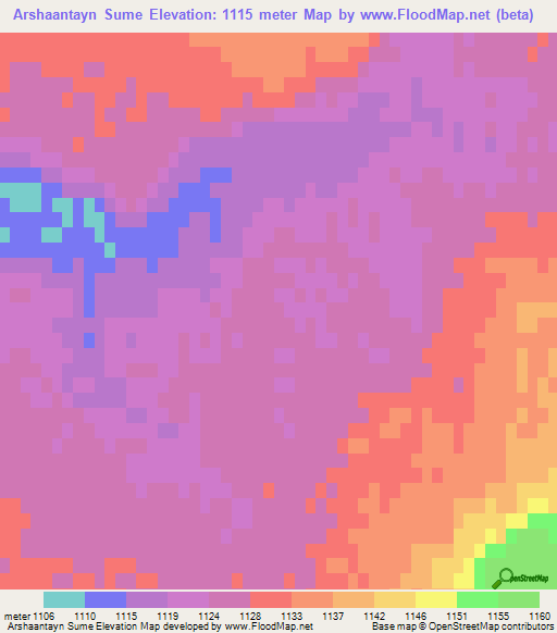Arshaantayn Sume,Mongolia Elevation Map