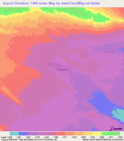 Arguut,Mongolia Elevation Map