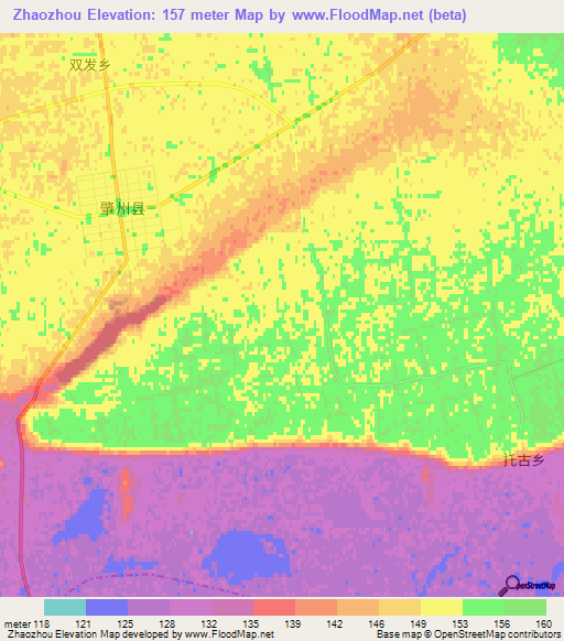 Zhaozhou,China Elevation Map