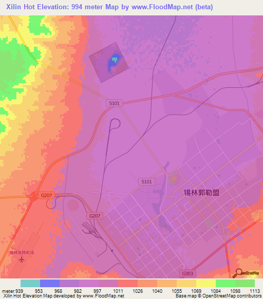 Xilin Hot,China Elevation Map