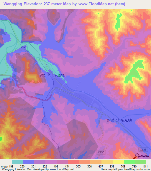 Wangqing,China Elevation Map