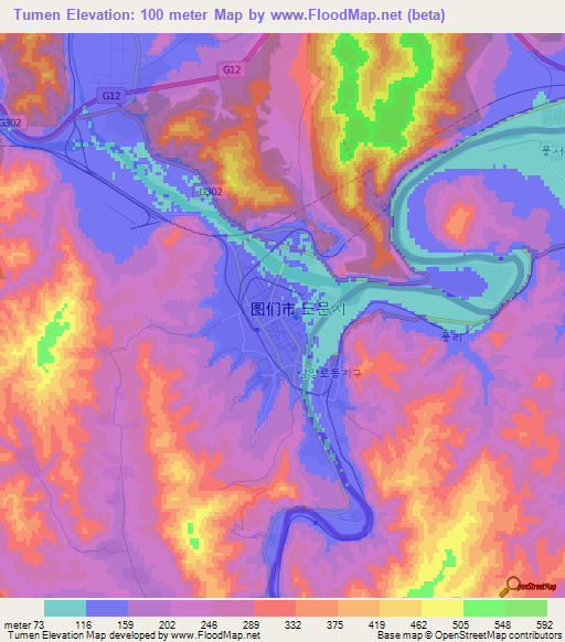 Tumen,China Elevation Map