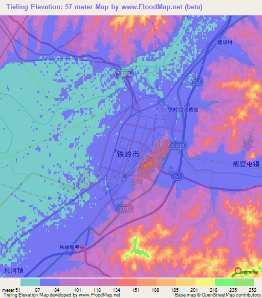 Tieling,China Elevation Map