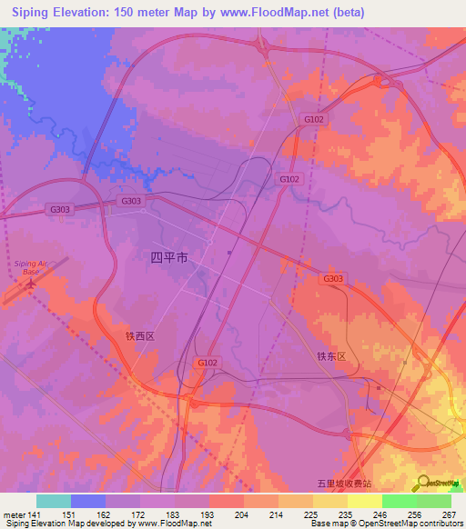 Siping,China Elevation Map