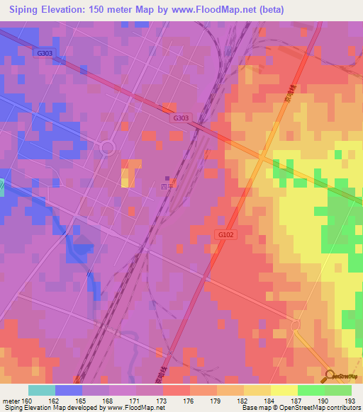 Siping,China Elevation Map