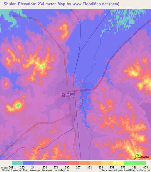 Shulan,China Elevation Map