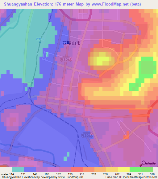 Shuangyashan,China Elevation Map