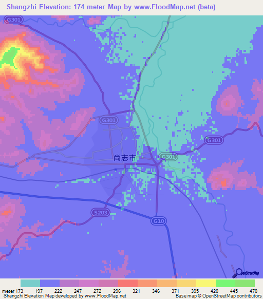 Shangzhi,China Elevation Map