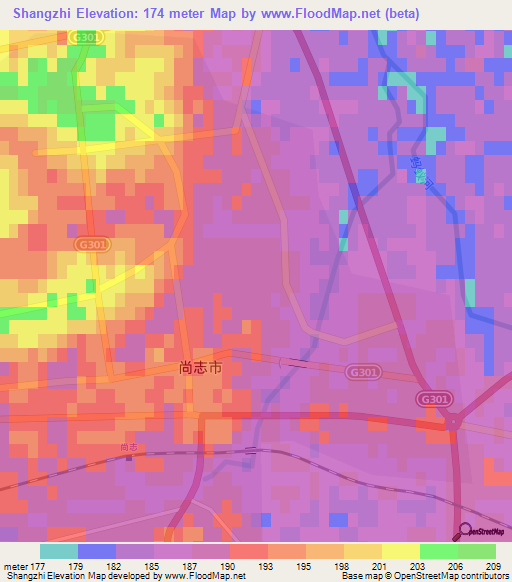Shangzhi,China Elevation Map