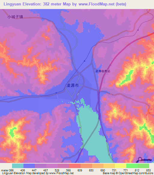 Lingyuan,China Elevation Map