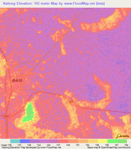 Kaitong,China Elevation Map