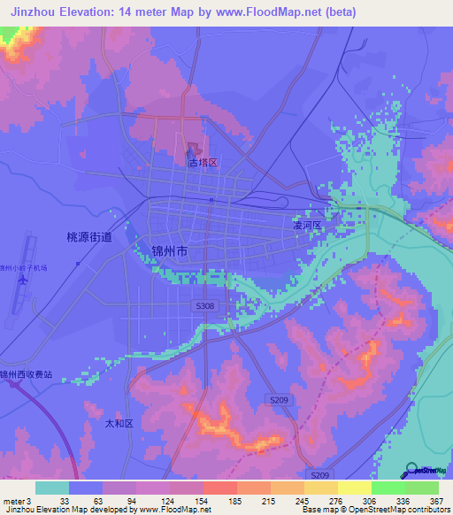 Jinzhou,China Elevation Map