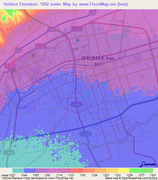 Hohhot,China Elevation Map