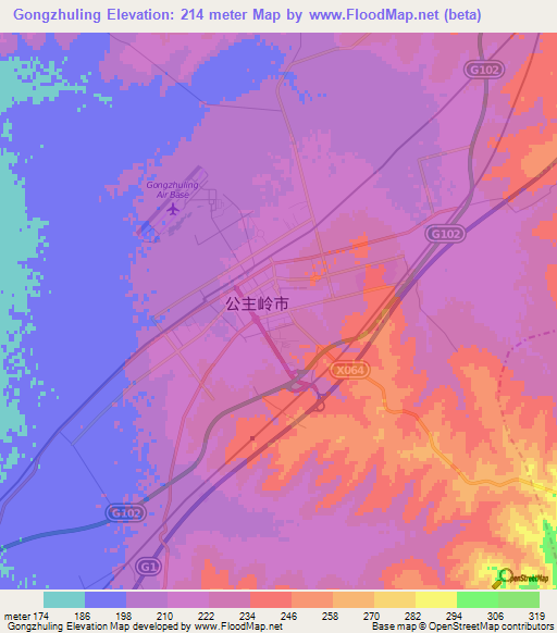 Gongzhuling,China Elevation Map