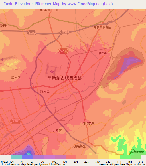 Fuxin,China Elevation Map