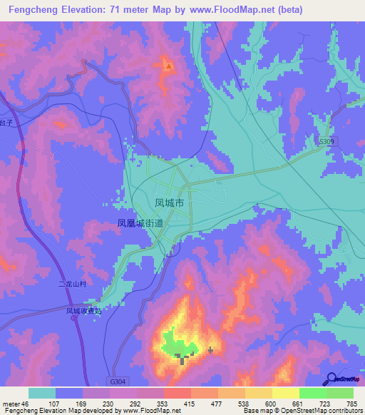 Fengcheng,China Elevation Map