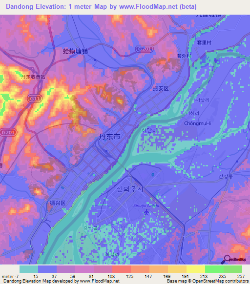 Dandong,China Elevation Map
