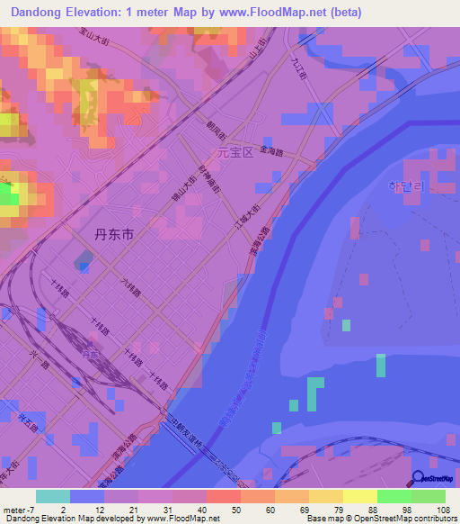 Dandong,China Elevation Map