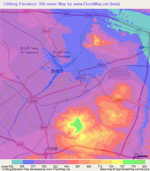 Chifeng,China Elevation Map