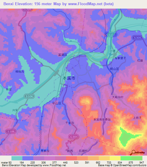 Benxi,China Elevation Map