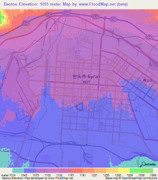 Baotou,China Elevation Map