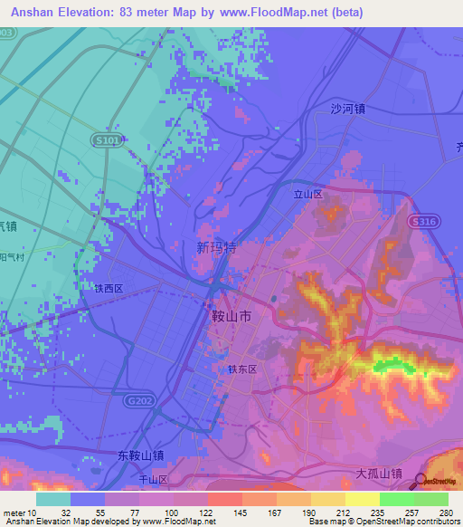 Anshan,China Elevation Map