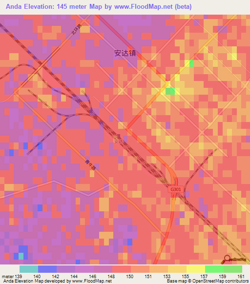 Anda,China Elevation Map