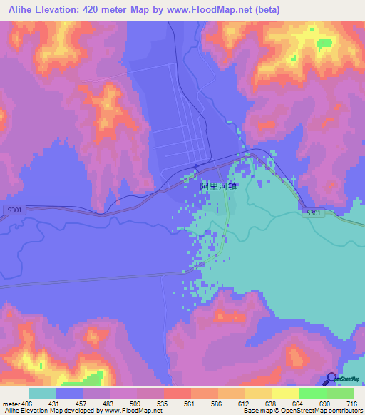 Alihe,China Elevation Map