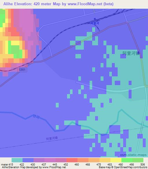 Alihe,China Elevation Map