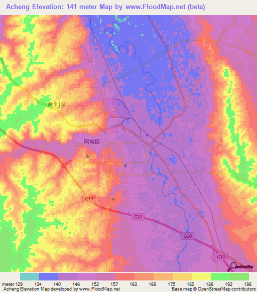 Acheng,China Elevation Map