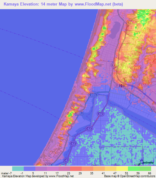 Kamaya,Japan Elevation Map