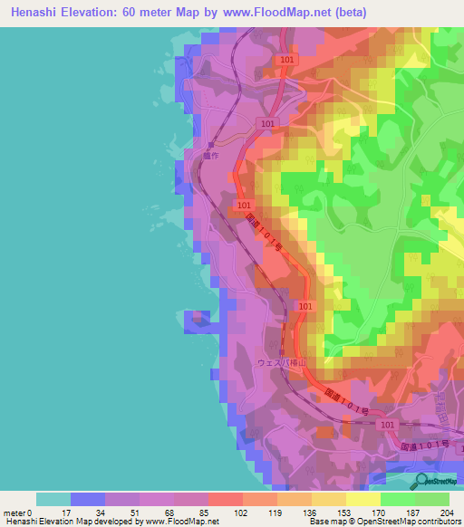 Henashi,Japan Elevation Map