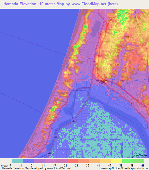 Hamada,Japan Elevation Map