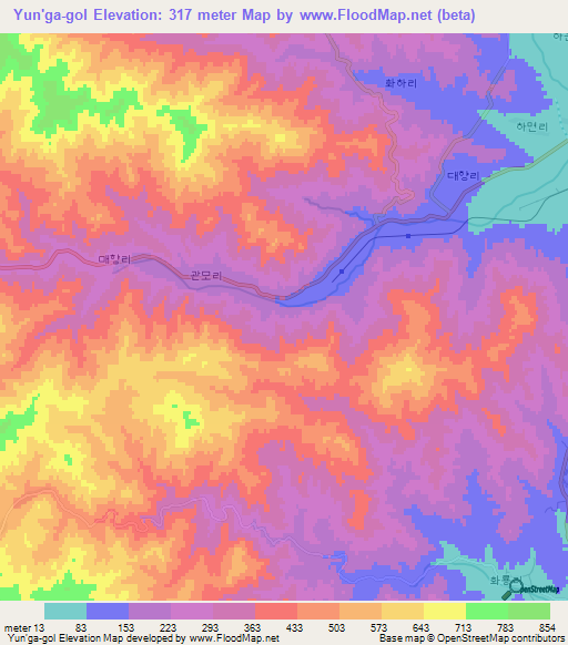 Yun'ga-gol,North Korea Elevation Map