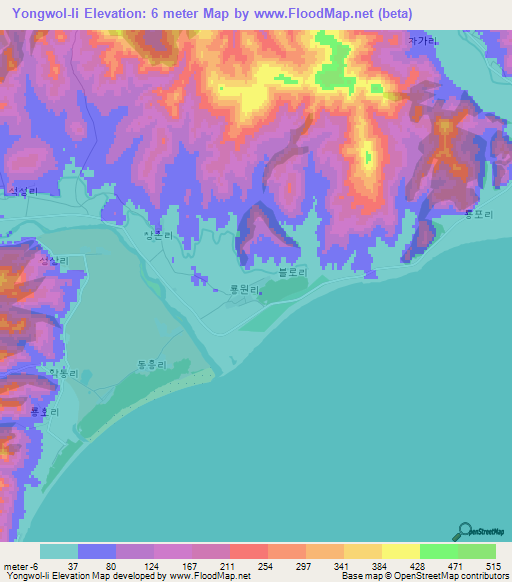 Yongwol-li,North Korea Elevation Map
