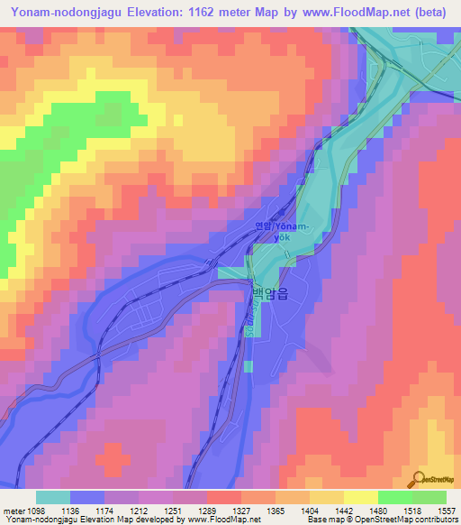 Yonam-nodongjagu,North Korea Elevation Map