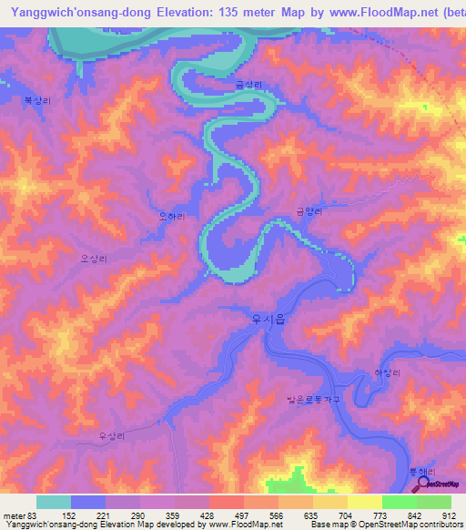 Yanggwich'onsang-dong,North Korea Elevation Map