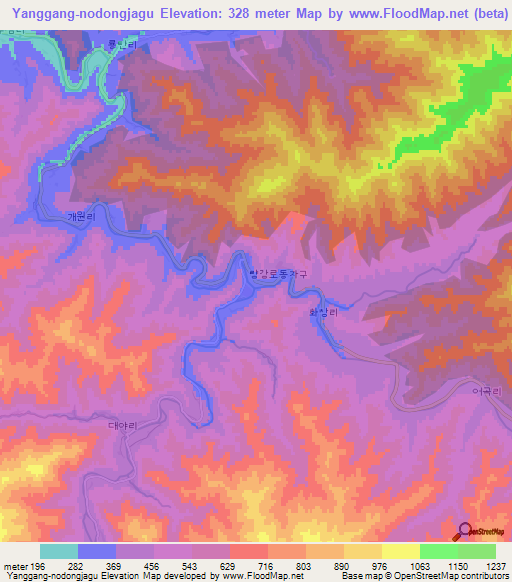Yanggang-nodongjagu,North Korea Elevation Map
