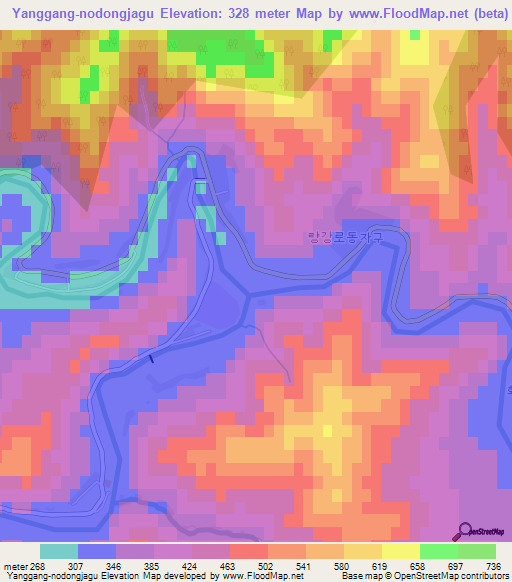 Yanggang-nodongjagu,North Korea Elevation Map