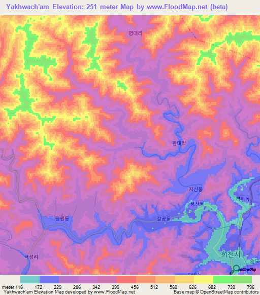 Yakhwach'am,North Korea Elevation Map
