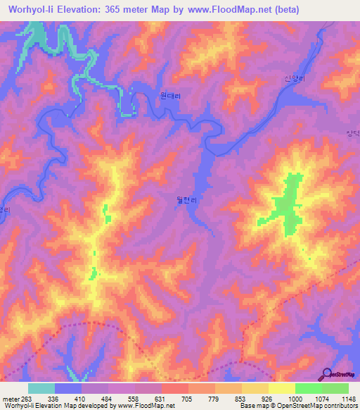 Worhyol-li,North Korea Elevation Map