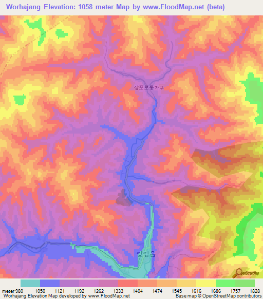 Worhajang,North Korea Elevation Map