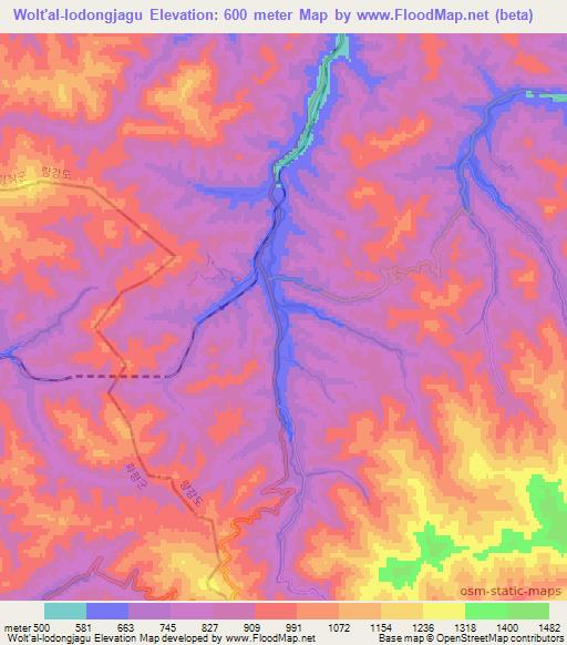 Wolt'al-lodongjagu,North Korea Elevation Map